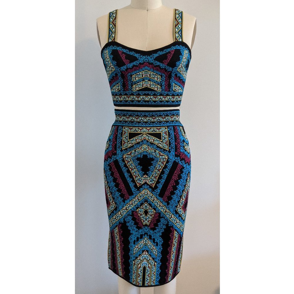 BCBGMAXAZRIA Printed Knit Sweater Jacquard Dress Set Size S